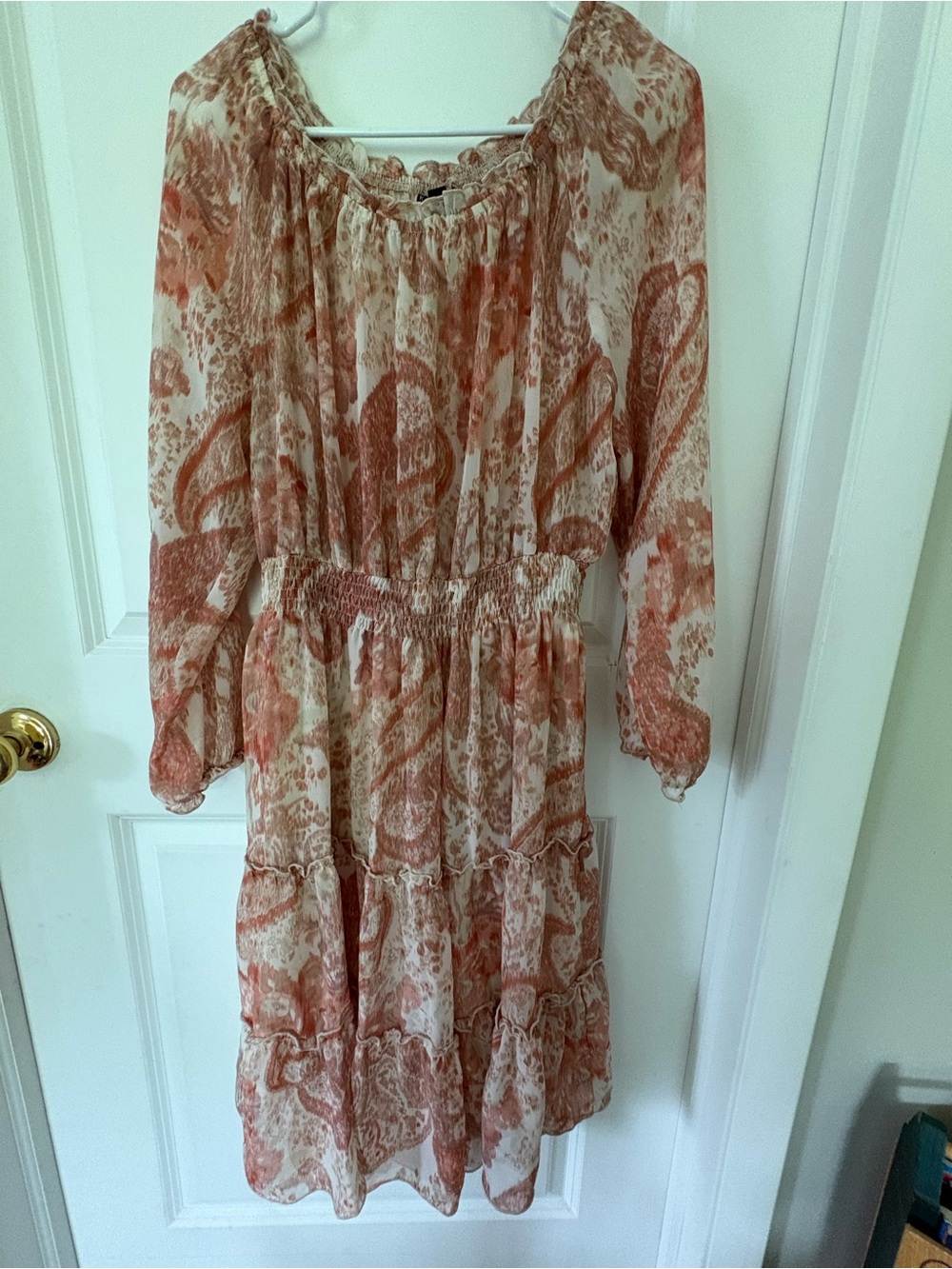 Women's Tiered Long-Sleeve Smocked Waist Dress - Cream & Rust